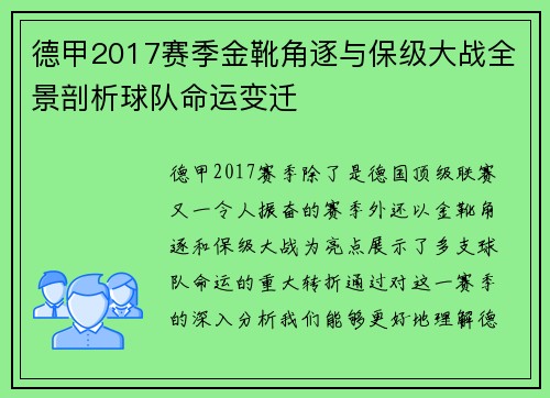 德甲2017赛季金靴角逐与保级大战全景剖析球队命运变迁
