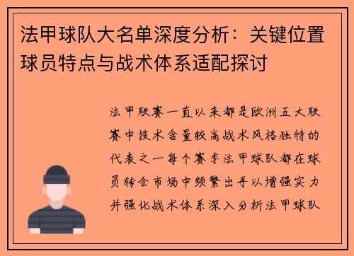 法甲球队大名单深度分析：关键位置球员特点与战术体系适配探讨