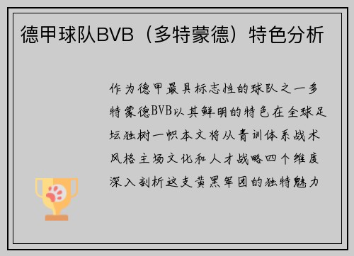 德甲球队BVB（多特蒙德）特色分析